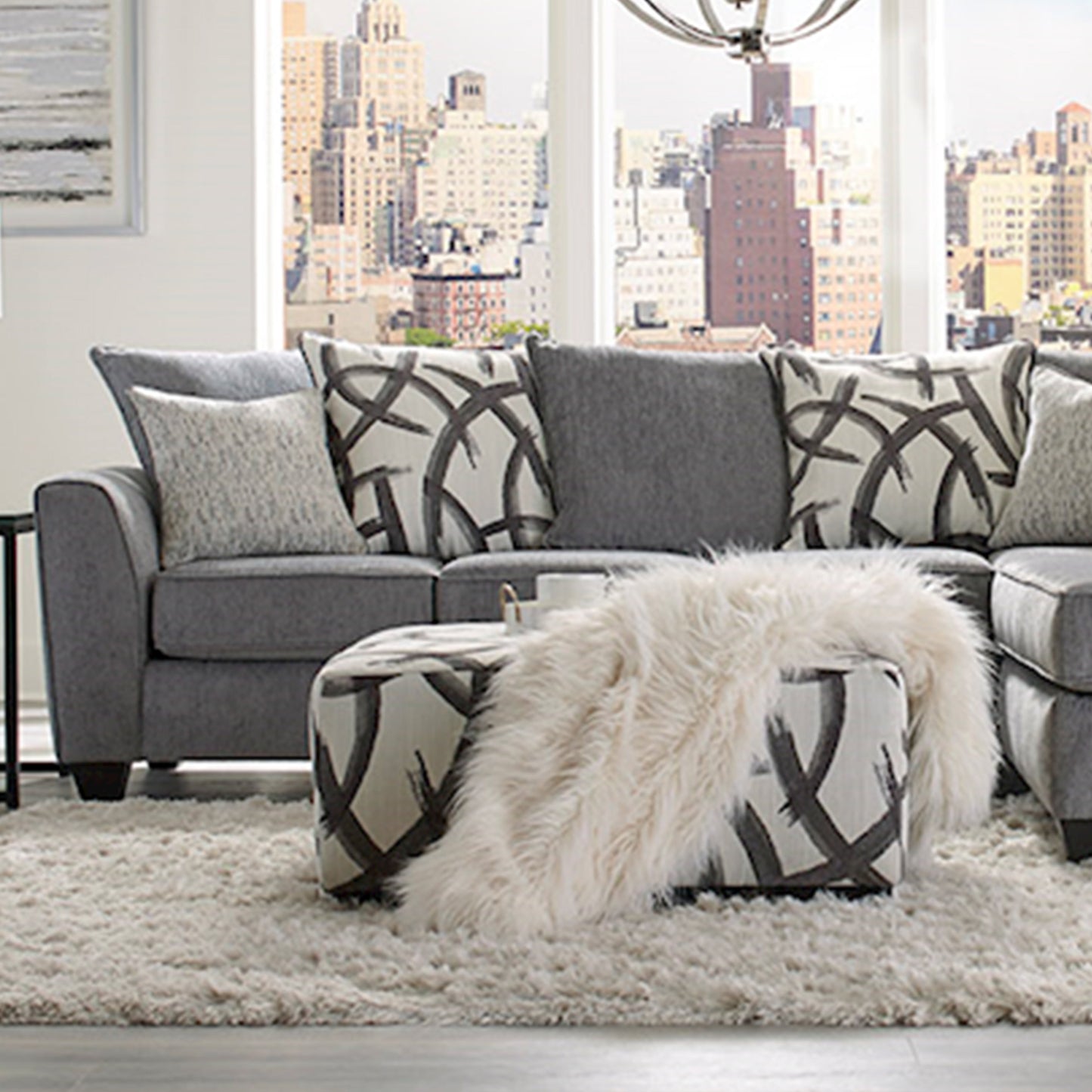 Montero Contemporary Gray Fabric Sectional Sofa with Ottoman