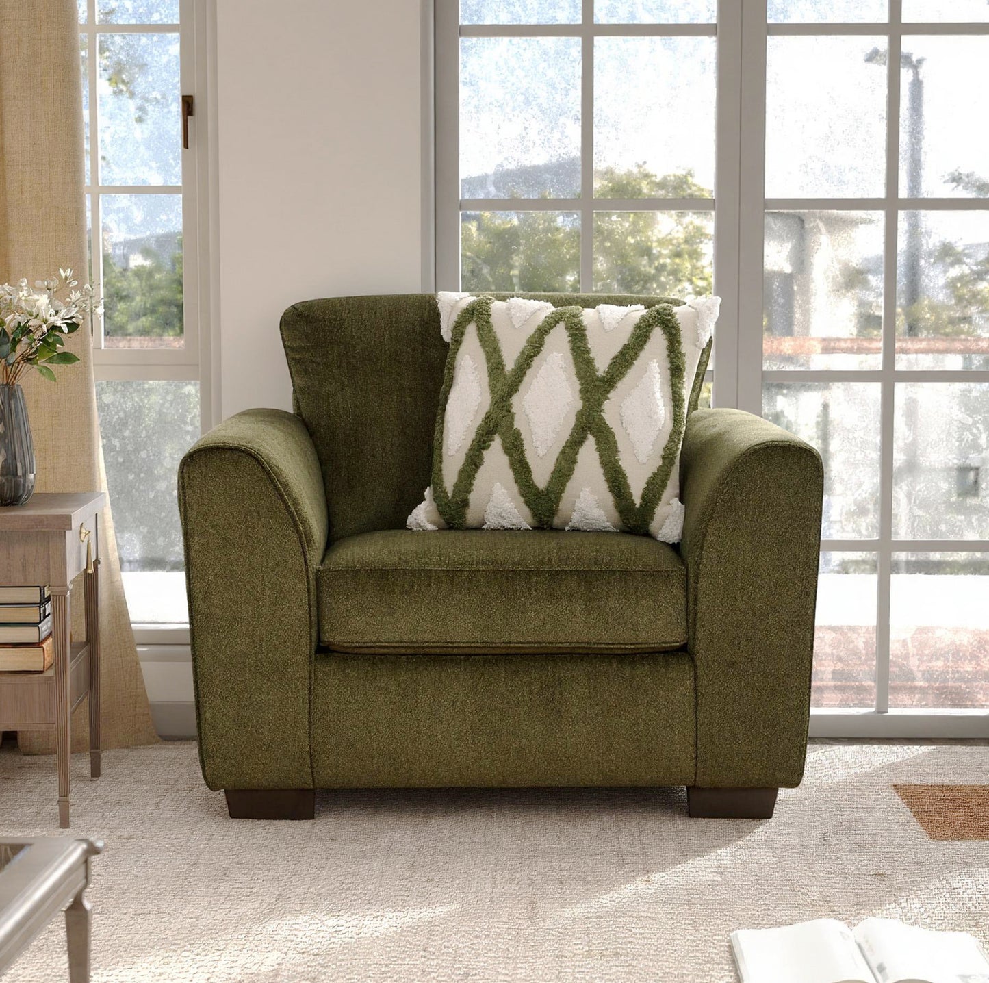 Roundhill Furniture Marvella Living Room Armchair with Mosswood Chenille Upholstery and Textured Accent Pillow