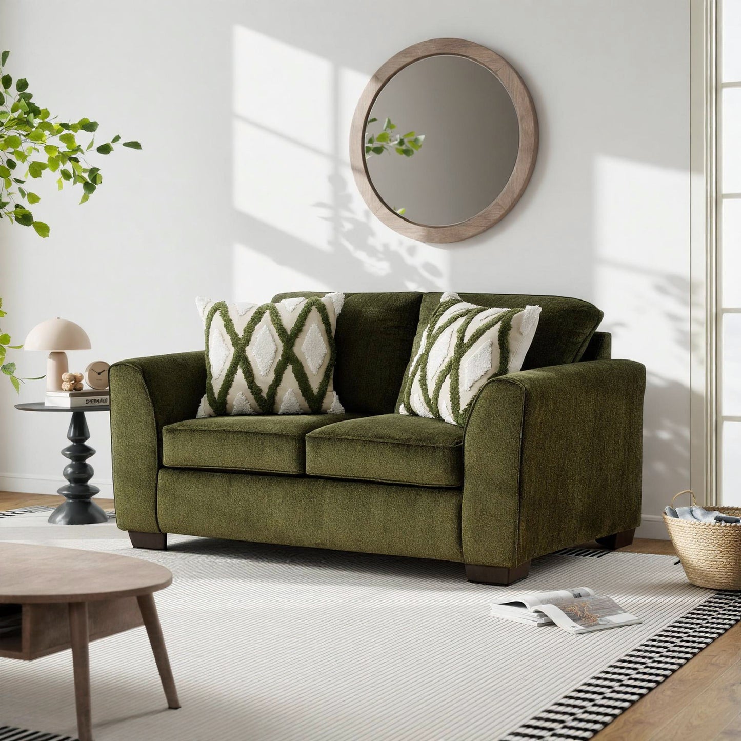 Roundhill Furniture Marvella Living Room Loveseat with Mosswood Chenille Upholstery and Textured Accent Pillows
