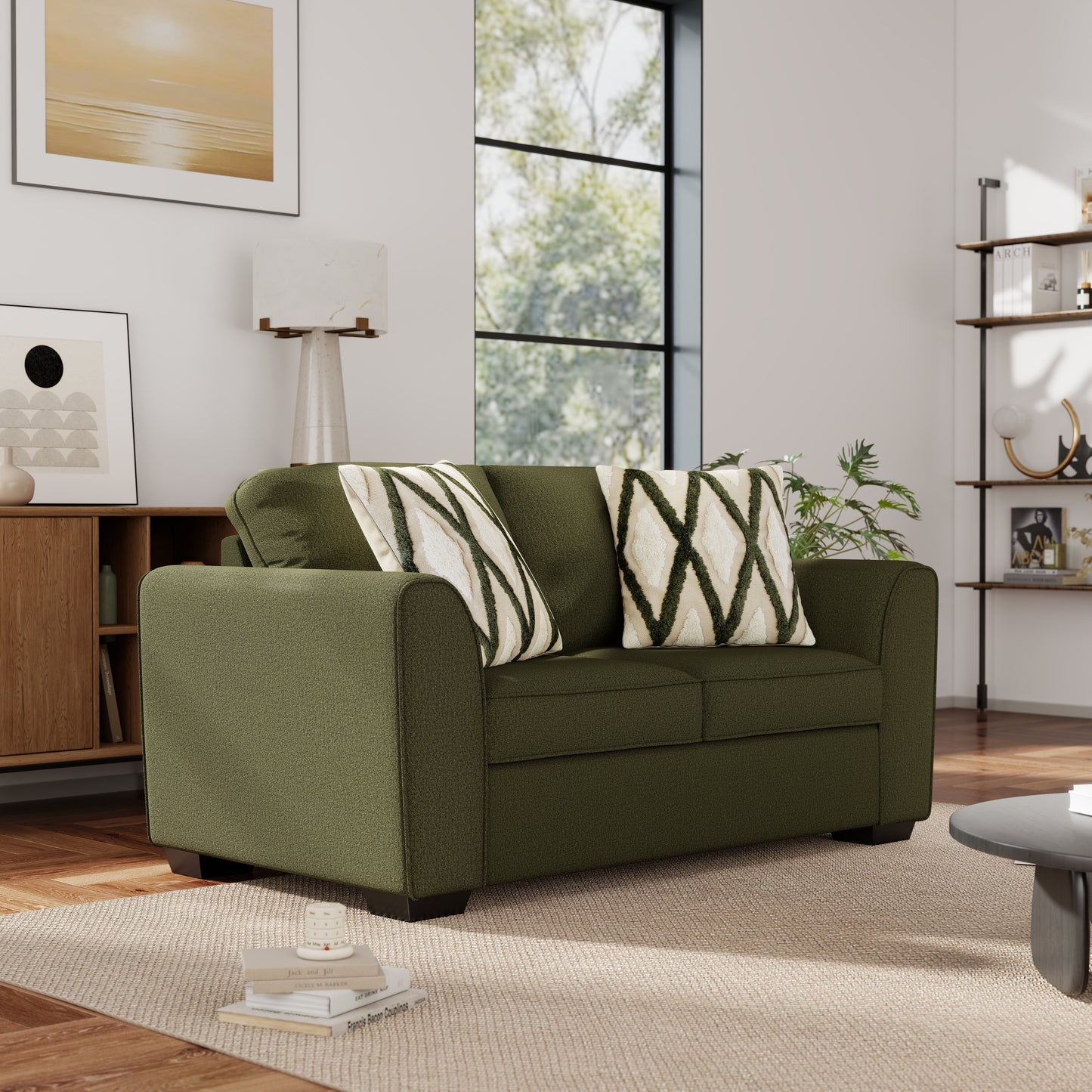 Roundhill Furniture Marvella Living Room Loveseat with Mosswood Chenille Upholstery and Textured Accent Pillows