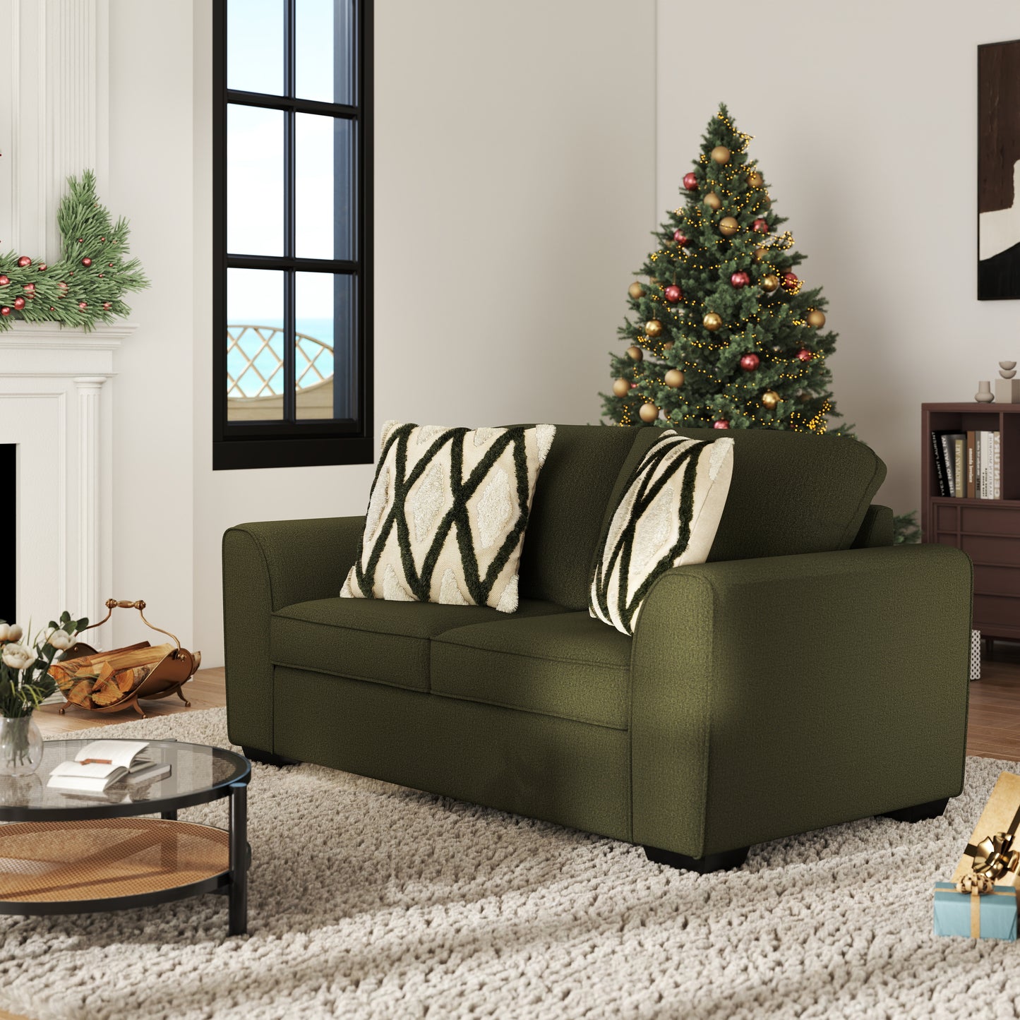 Roundhill Furniture Marvella Living Room Loveseat with Mosswood Chenille Upholstery and Textured Accent Pillows