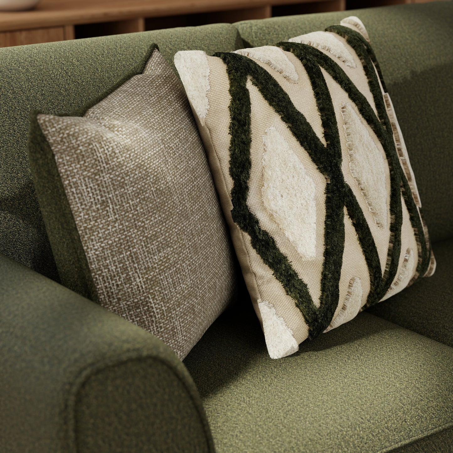 Roundhill Furniture Marvella Living Room Loveseat with Mosswood Chenille Upholstery and Textured Accent Pillows