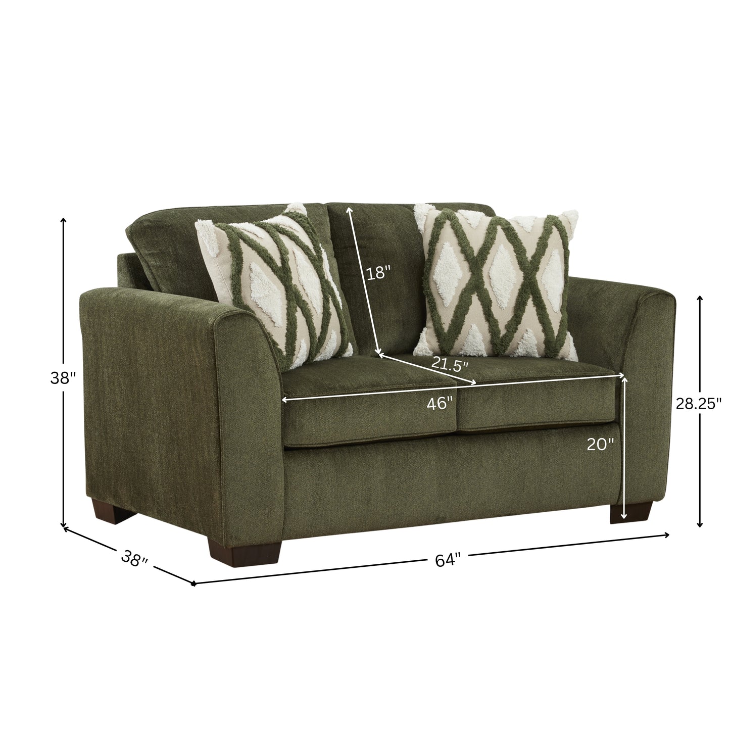 Roundhill Furniture Marvella Living Room Loveseat with Mosswood Chenille Upholstery and Textured Accent Pillows