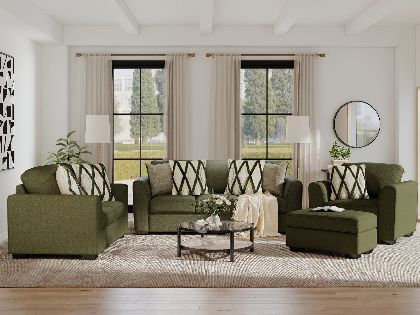 Roundhill Furniture Marvella 4-Piece Living Room Set, Sofa, Loveseat, Chair, and Ottoman with Mosswood Chenille Upholstery