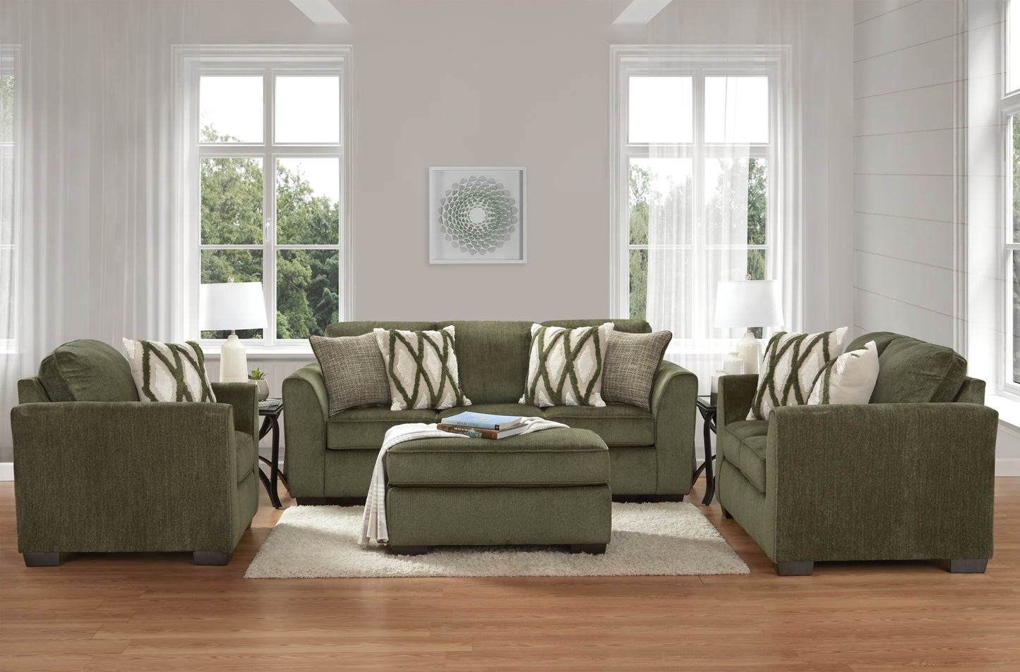 Roundhill Furniture Marvella 4-Piece Living Room Set, Sofa, Loveseat, Chair, and Ottoman with Mosswood Chenille Upholstery