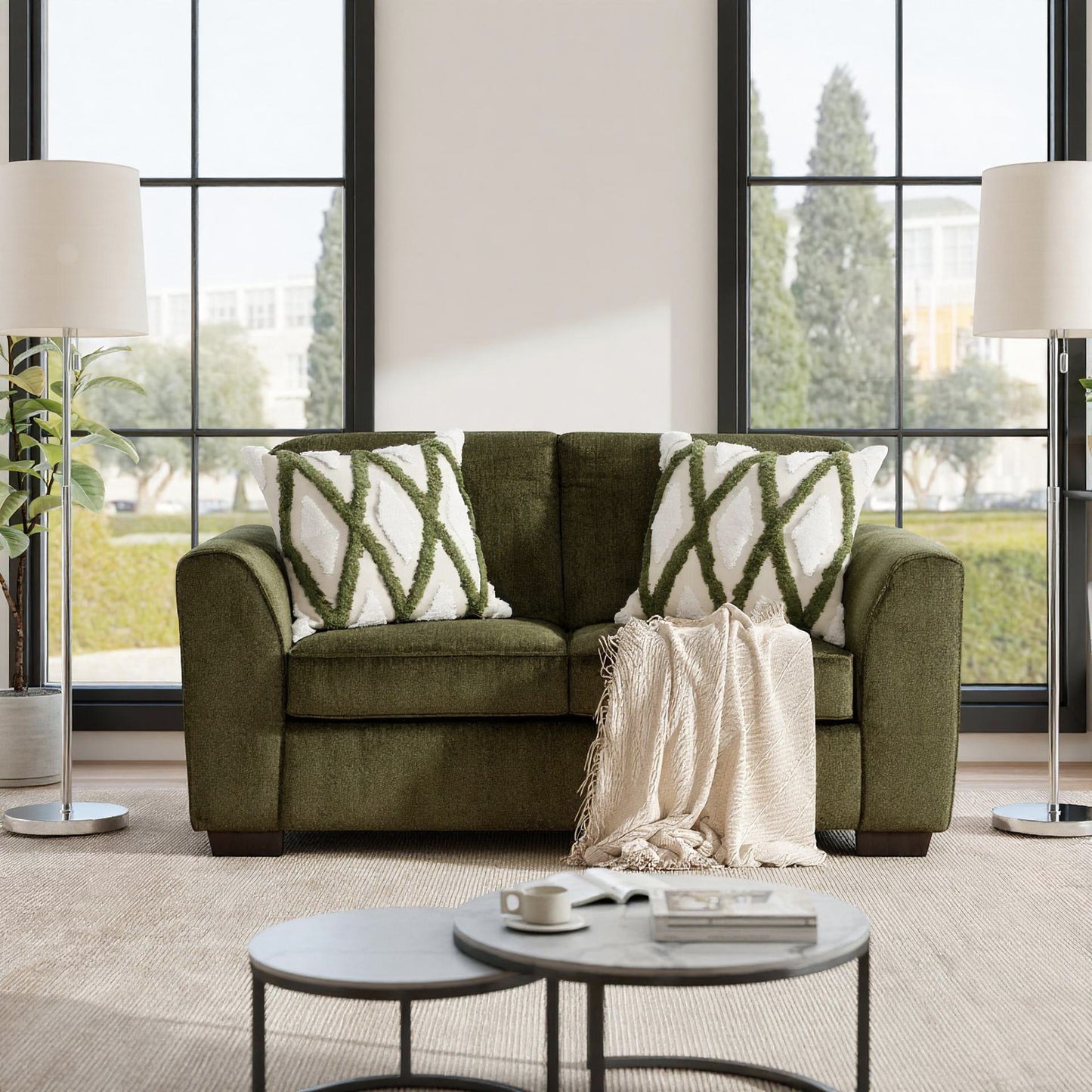 Roundhill Furniture Marvella 4-Piece Living Room Set, Sofa, Loveseat, Chair, and Ottoman with Mosswood Chenille Upholstery