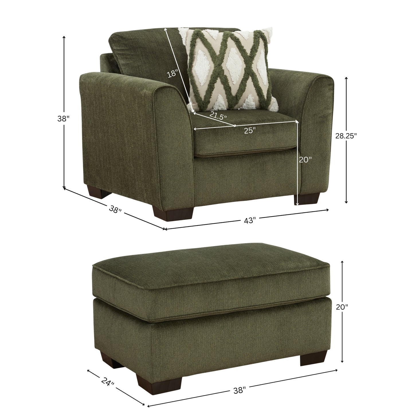 Roundhill Furniture Marvella 4-Piece Living Room Set, Sofa, Loveseat, Chair, and Ottoman with Mosswood Chenille Upholstery