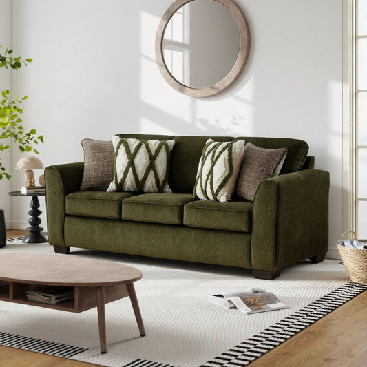 Roundhill Furniture Marvella Living Room Sofa with Mosswood Chenille Upholstery and Textured Accent Pillows