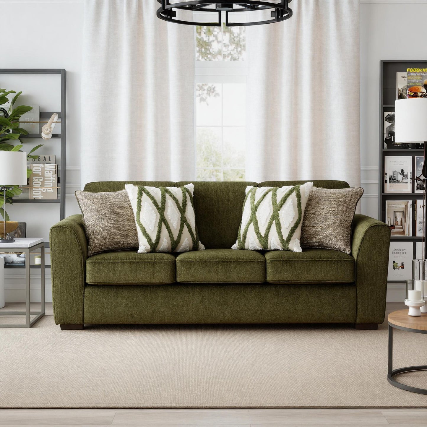 Roundhill Furniture Marvella Living Room Sofa with Mosswood Chenille Upholstery and Textured Accent Pillows