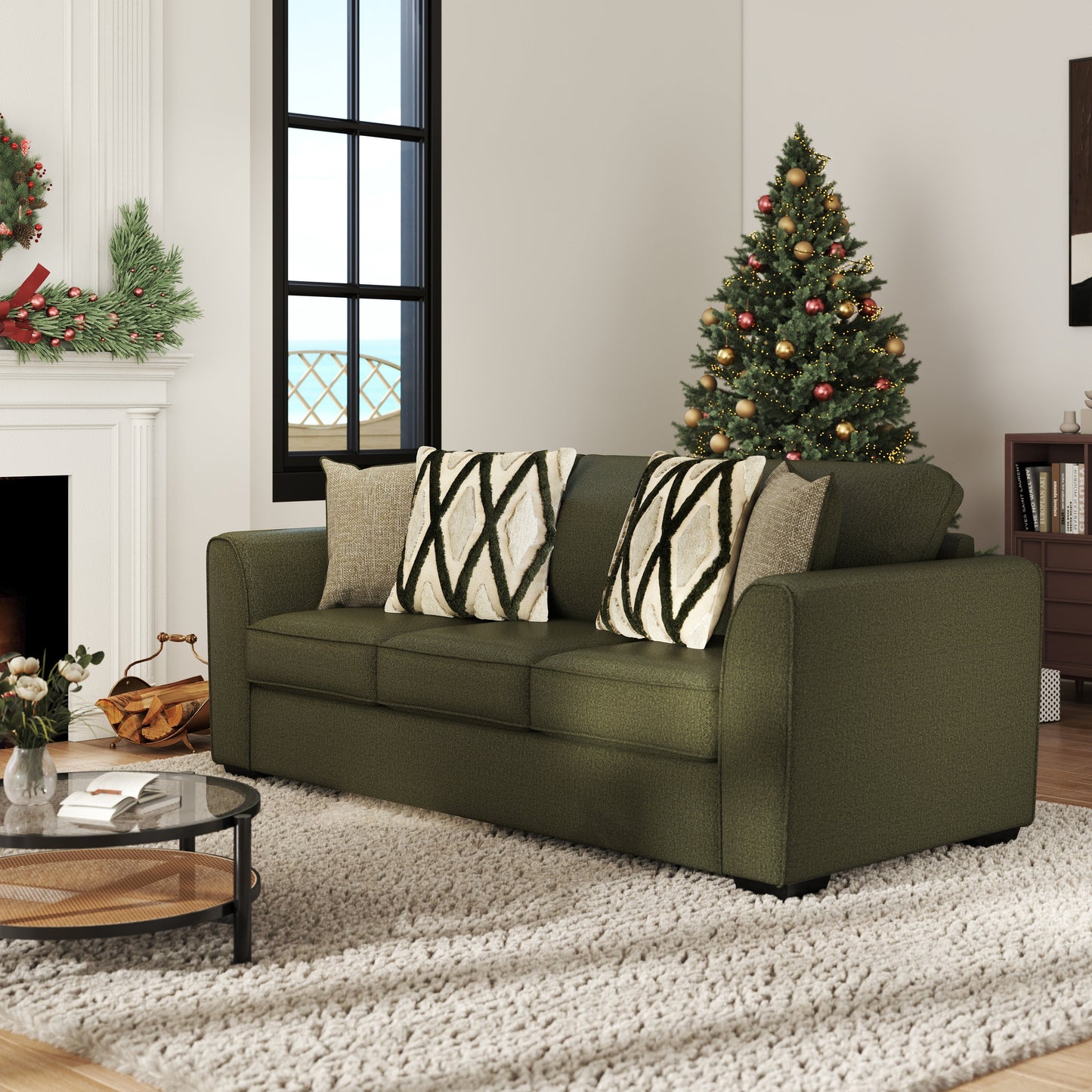 Roundhill Furniture Marvella Living Room Sofa with Mosswood Chenille Upholstery and Textured Accent Pillows
