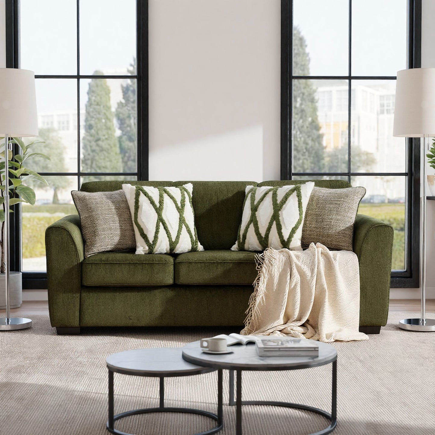 Roundhill Furniture Marvella Living Room Sofa with Mosswood Chenille Upholstery and Textured Accent Pillows