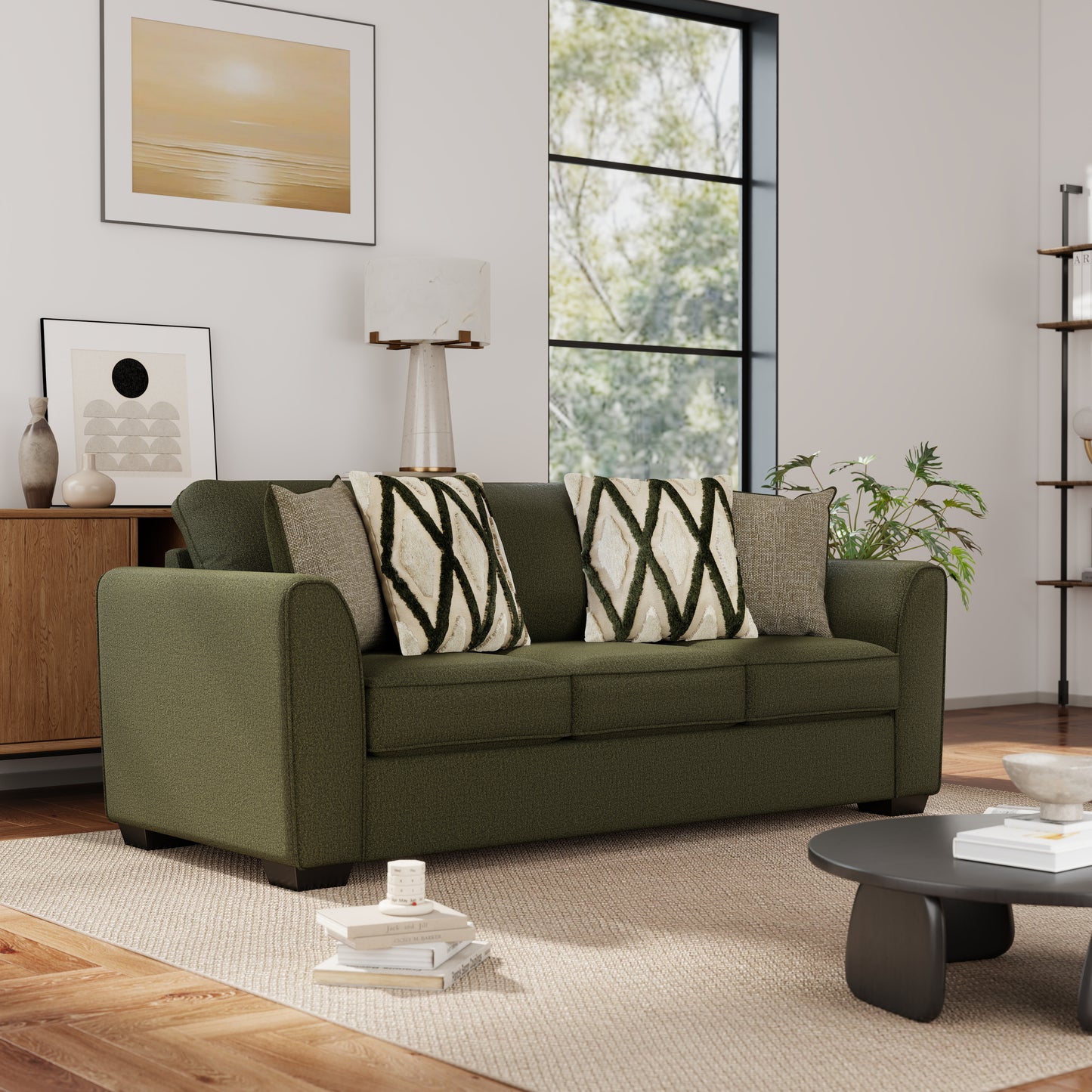 Roundhill Furniture Marvella Living Room Sofa with Mosswood Chenille Upholstery and Textured Accent Pillows