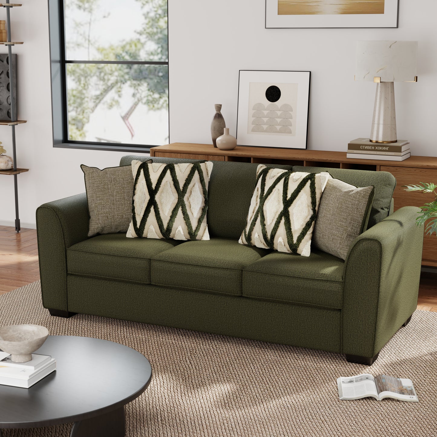 Roundhill Furniture Marvella Living Room Sofa with Mosswood Chenille Upholstery and Textured Accent Pillows