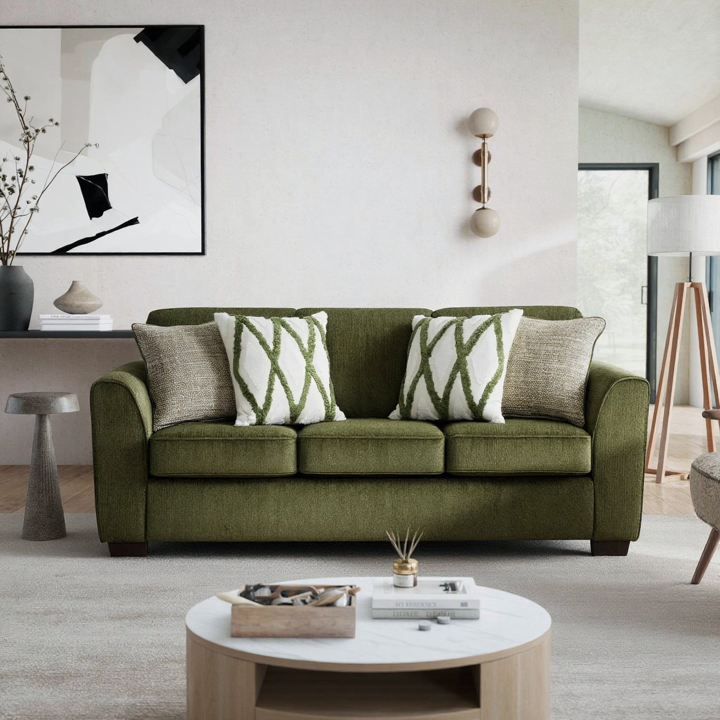 Roundhill Furniture Marvella Living Room Sofa with Mosswood Chenille Upholstery and Textured Accent Pillows