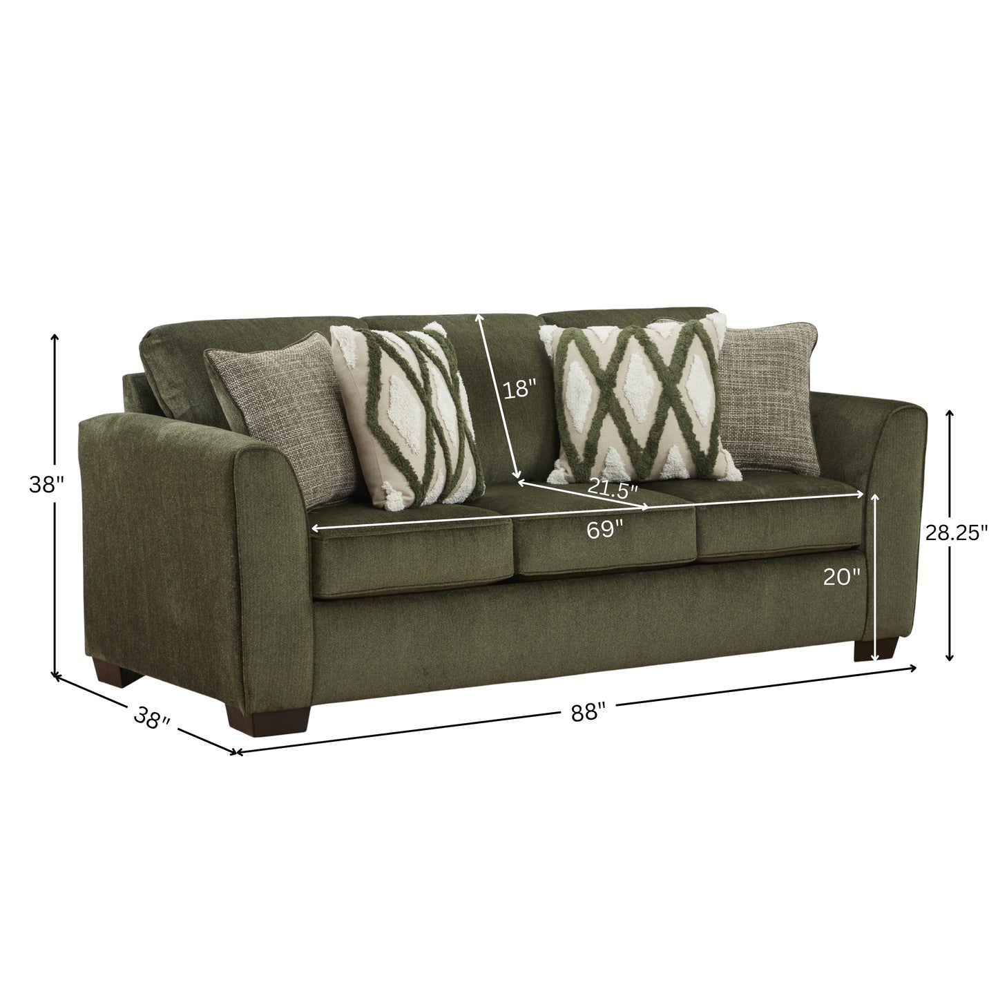 Roundhill Furniture Marvella Living Room Sofa with Mosswood Chenille Upholstery and Textured Accent Pillows