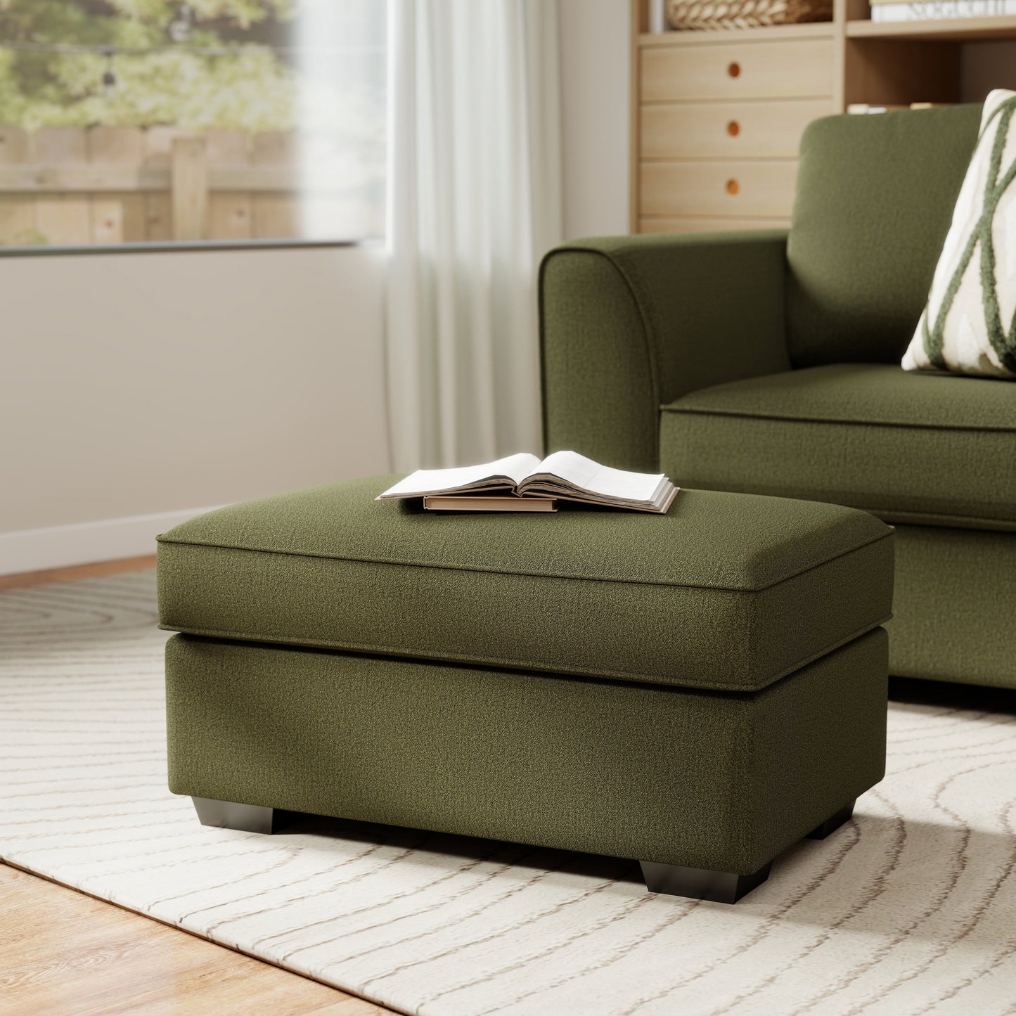 Roundhill Furniture Marvella Living Room Ottoman with Mosswood Chenille Upholstery