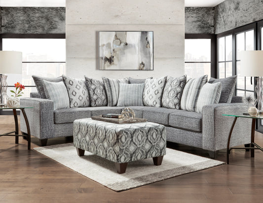 Elva Contemporary Fabric Pillow Back Sectional Sofa with Ottoman in Stonewash