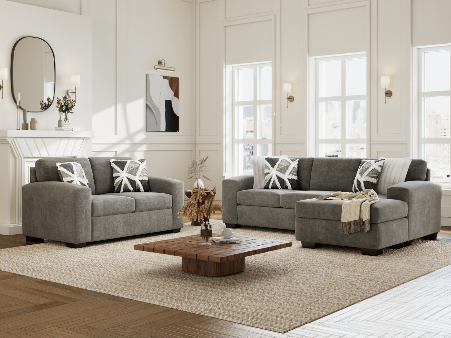 Roundhill Furniture Arden Living Room Collection with Convertible Sofa Chaise and Loveseat, Posh Gray