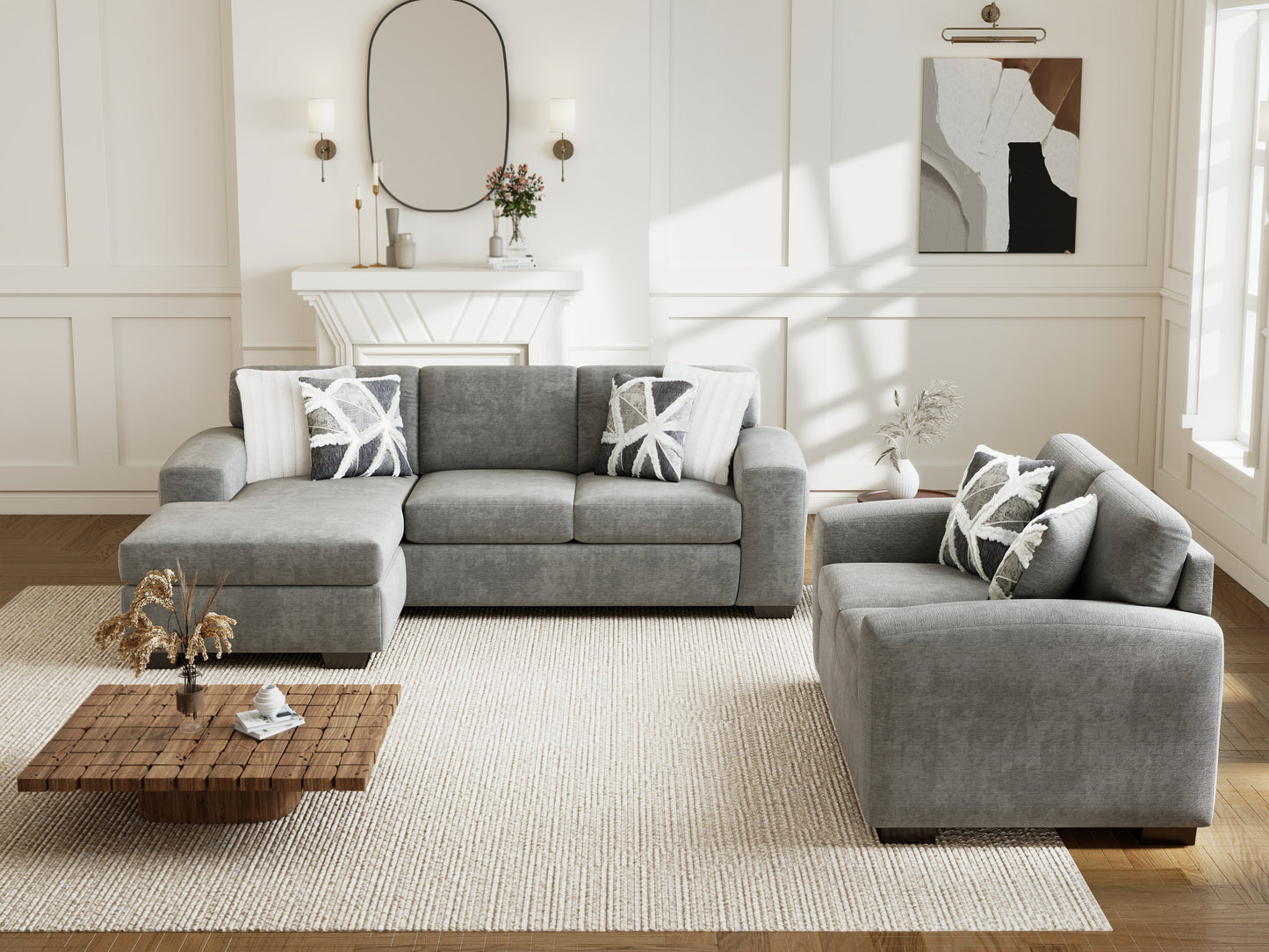 Roundhill Furniture Arden Living Room Collection with Convertible Sofa Chaise and Loveseat, Posh Gray