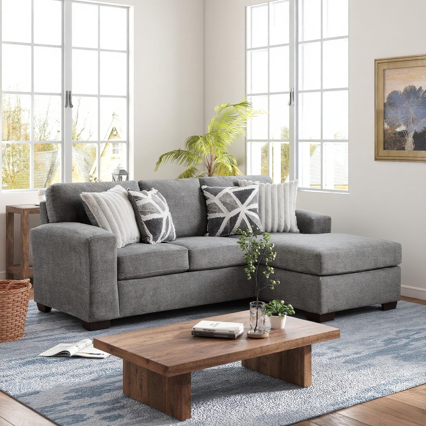 Roundhill Furniture Arden L-Shaped Convertible Living Room Sofa Chaise with Floating Ottoman, Posh Gray