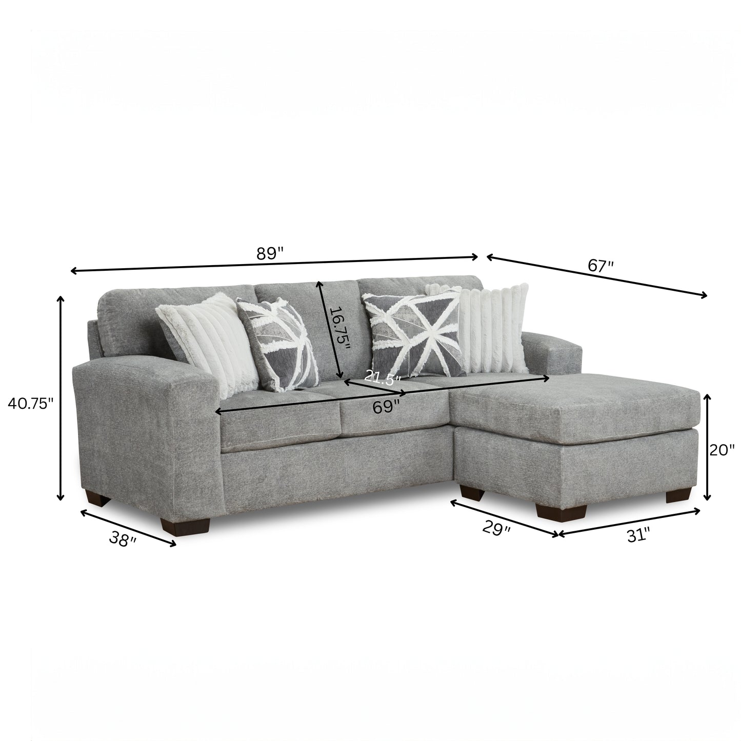 Roundhill Furniture Arden L-Shaped Convertible Living Room Sofa Chaise with Floating Ottoman, Posh Gray