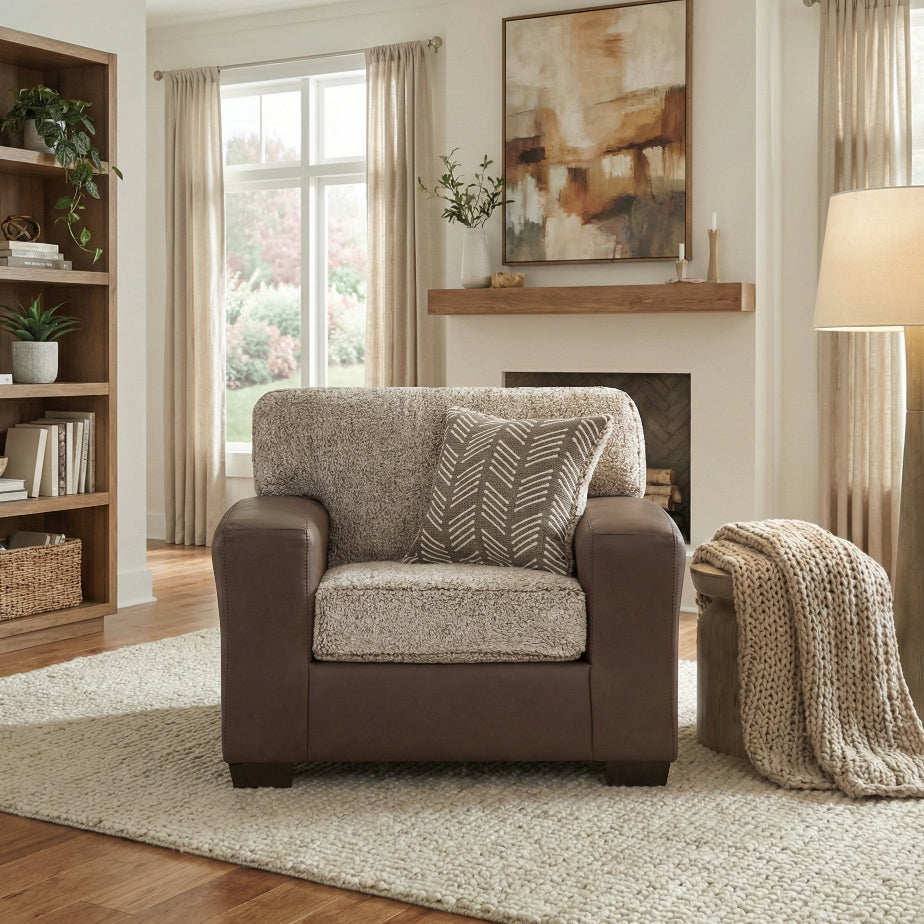 Roundhill Furniture Marvella Living Room Chair with Chocolate Faux Leather Upholstery and Curly Shearling Cushions
