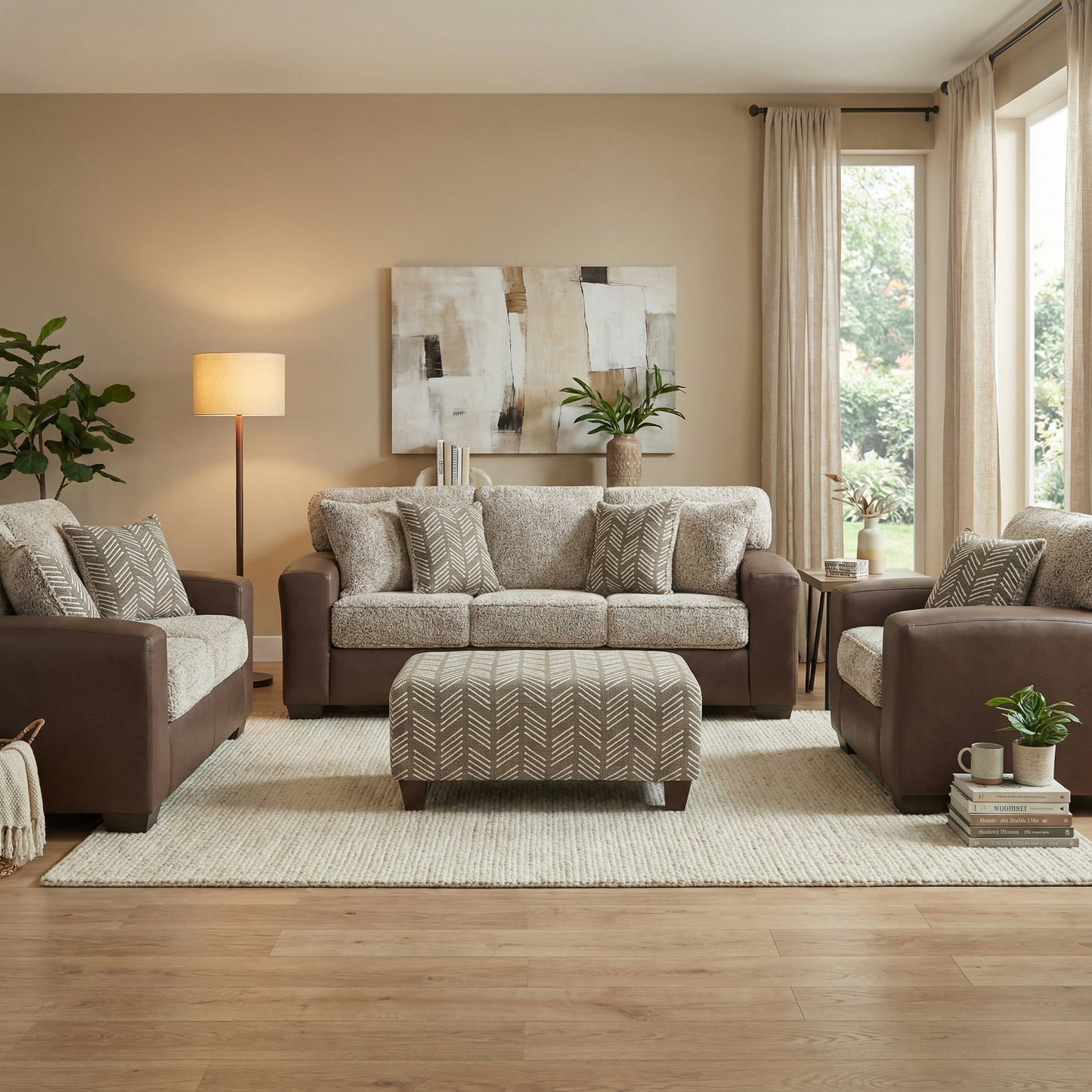 Roundhill Furniture Marvella Living Room Collection, Chocolate Faux Leather Upholstery and Curly Shearling Cushions