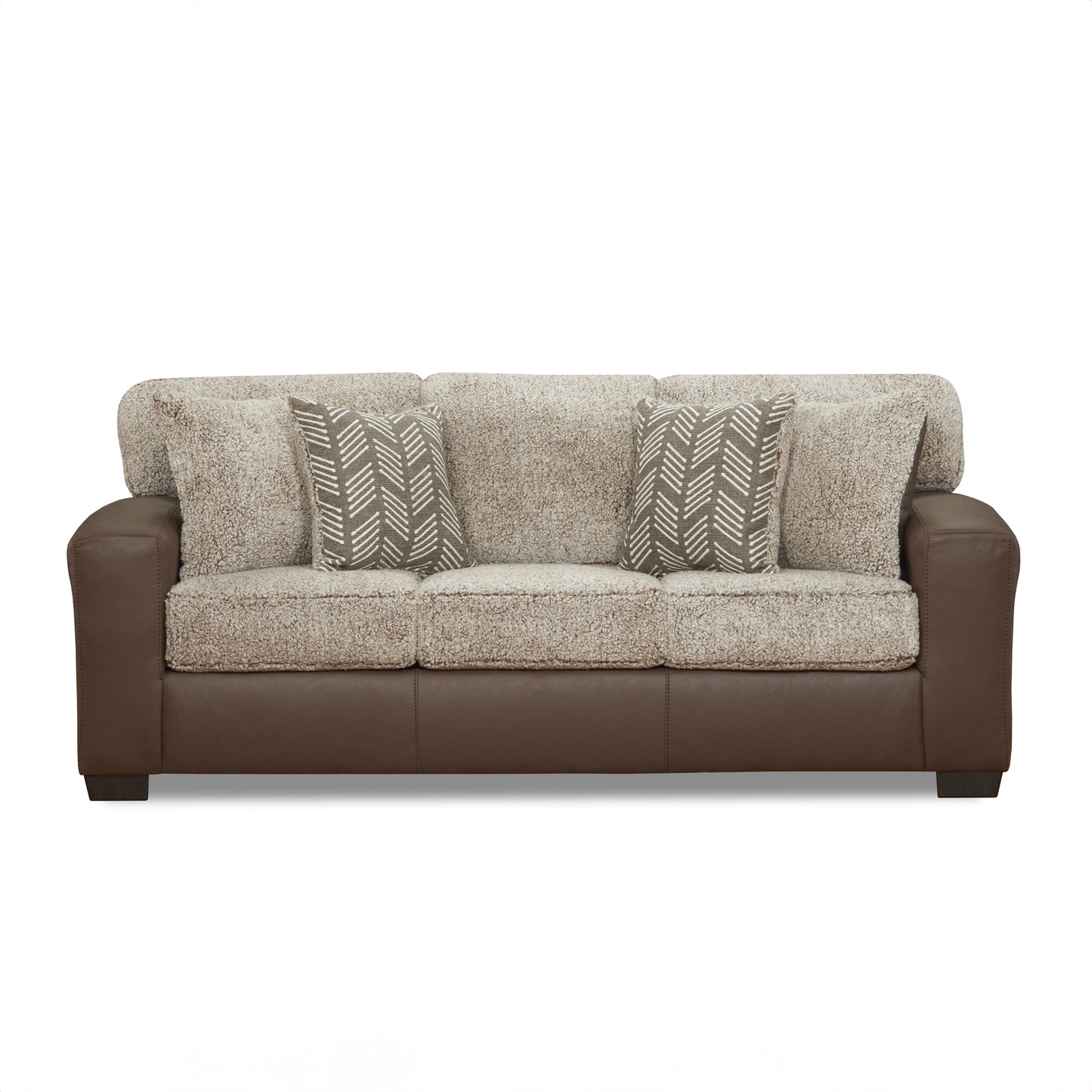 Roundhill Furniture Marvella Living Room Sofa with Chocolate Faux Leather Upholstery and Curly Shearling Cushions
