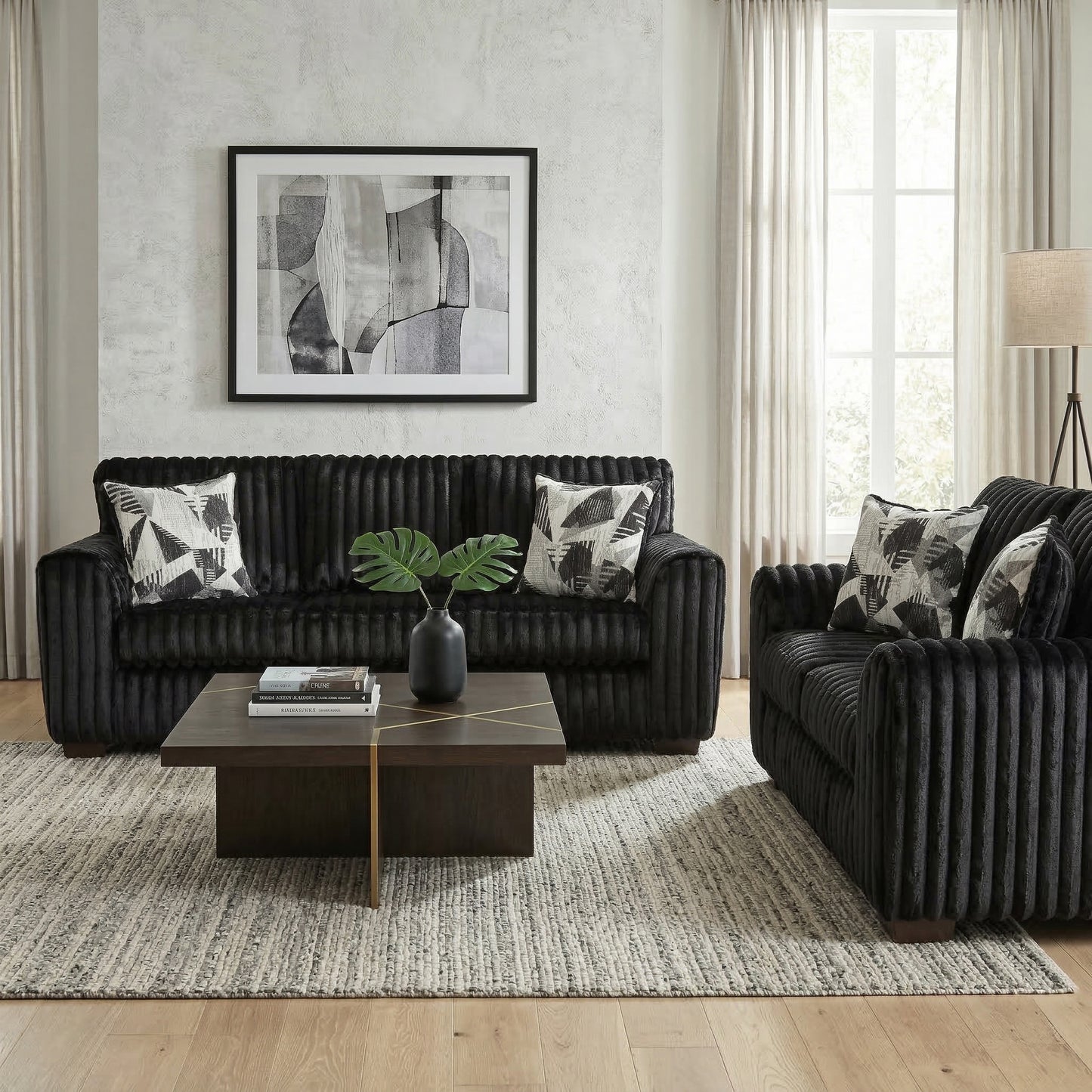 Roundhill Furniture Nolan 2-Piece Living Room Set, Sofa and Loveseat, Lush Black