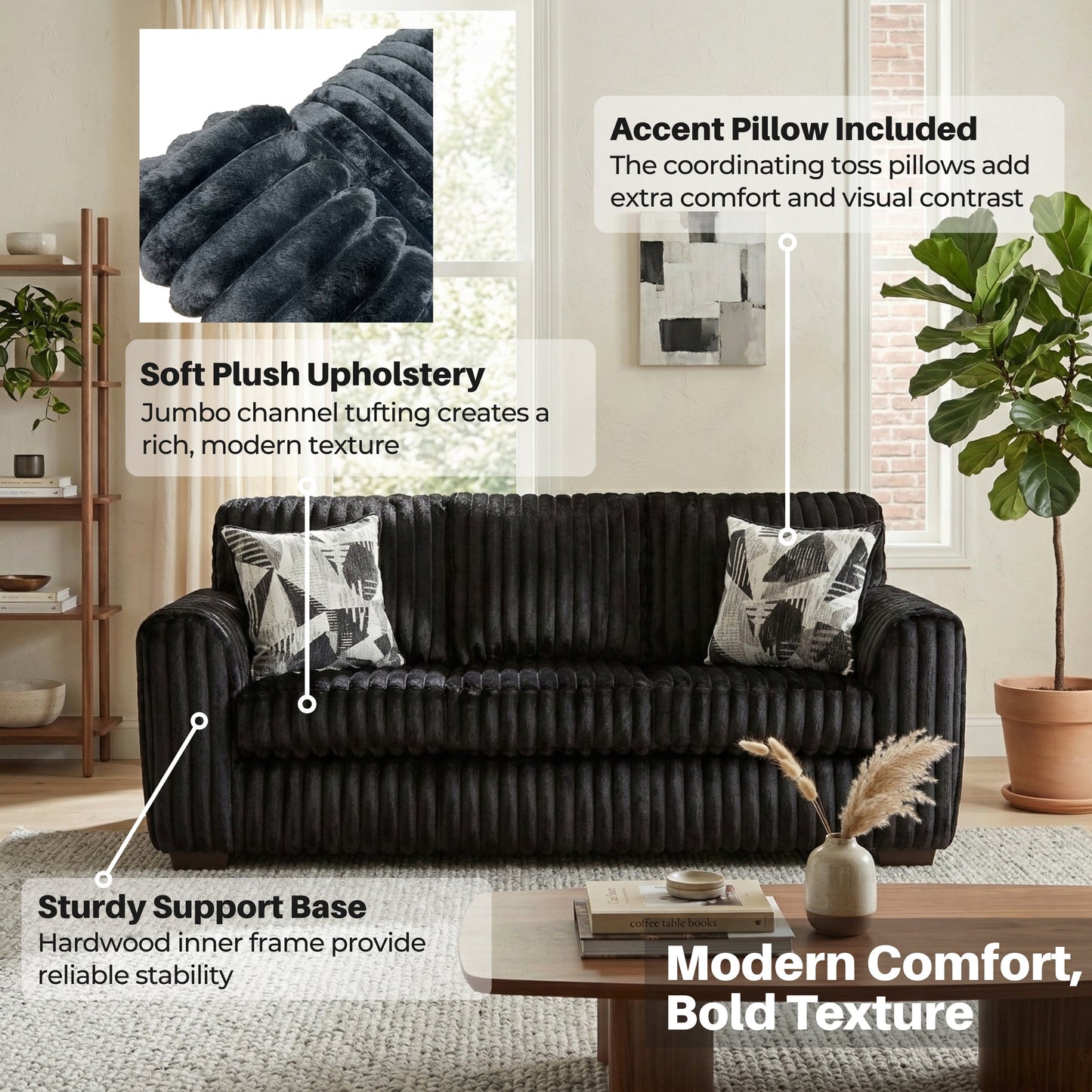 Roundhill Furniture Nolan 2-Piece Living Room Set, Sofa and Loveseat, Lush Black