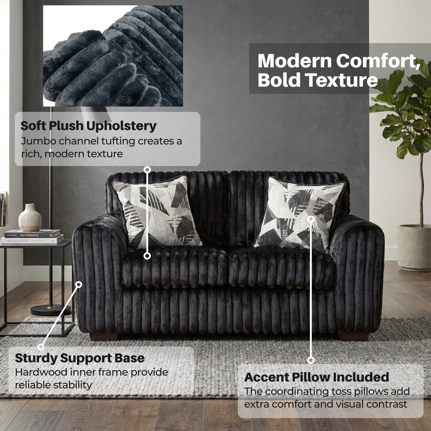 Roundhill Furniture Nolan 2-Piece Living Room Set, Sofa and Loveseat, Lush Black
