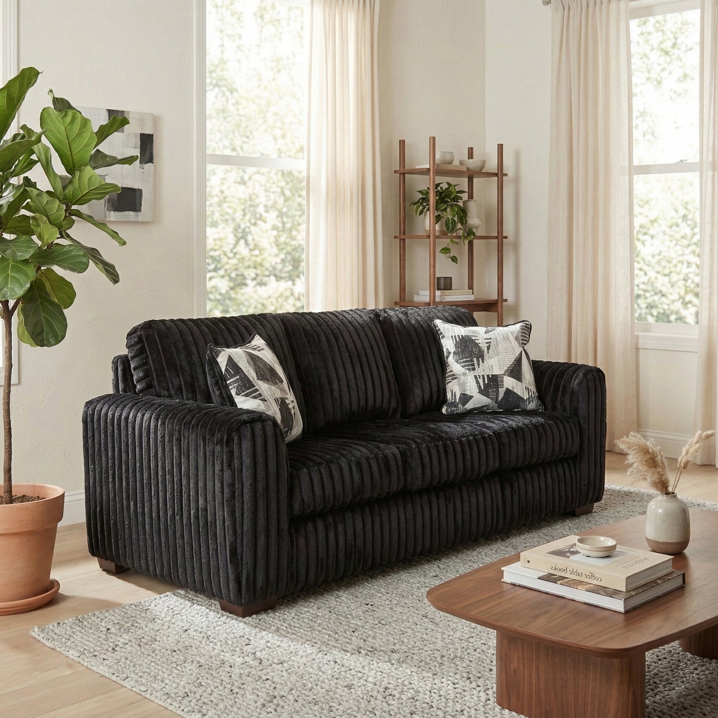 Roundhill Furniture Nolan 2-Piece Living Room Set, Sofa and Loveseat, Lush Black