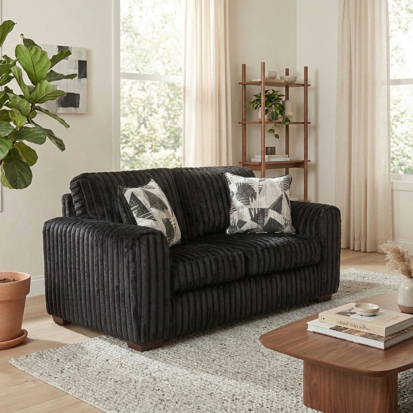 Roundhill Furniture Nolan 2-Piece Living Room Set, Sofa and Loveseat, Lush Black