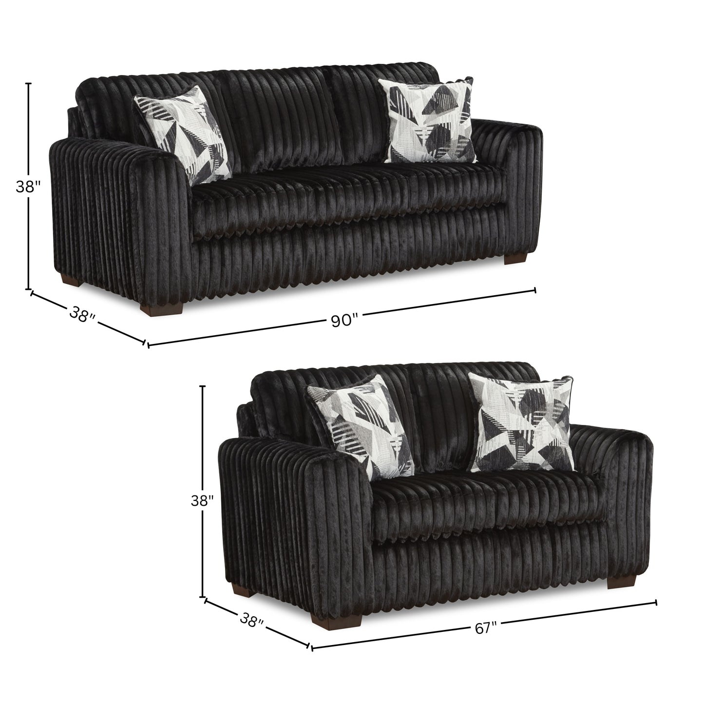 Roundhill Furniture Nolan 2-Piece Living Room Set, Sofa and Loveseat, Lush Black