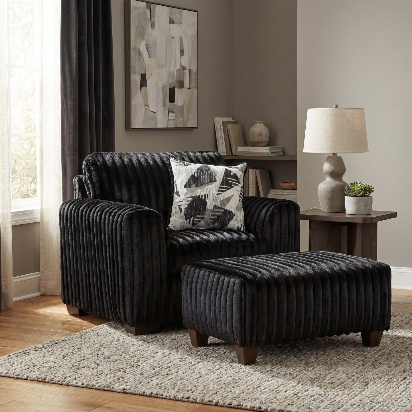 Roundhill Furniture Nolan 2-Piece Living Room Set, Chair and Ottoman, Lush Black