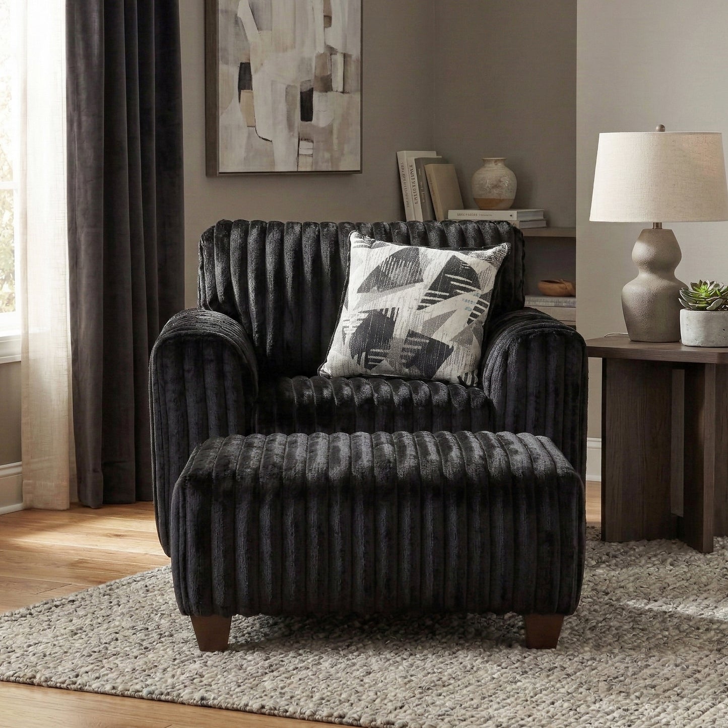 Roundhill Furniture Nolan 2-Piece Living Room Set, Chair and Ottoman, Lush Black