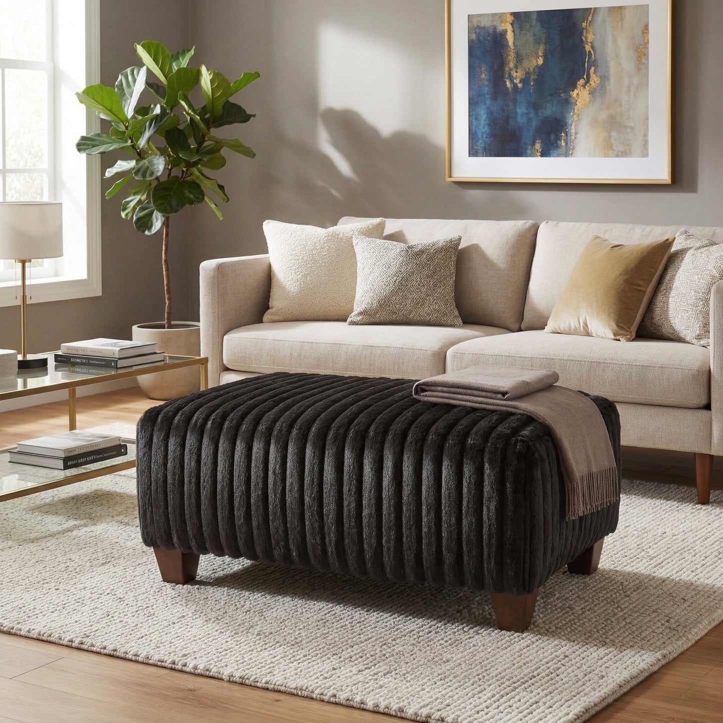 Roundhill Furniture Nolan 2-Piece Living Room Set, Chair and Ottoman, Lush Black