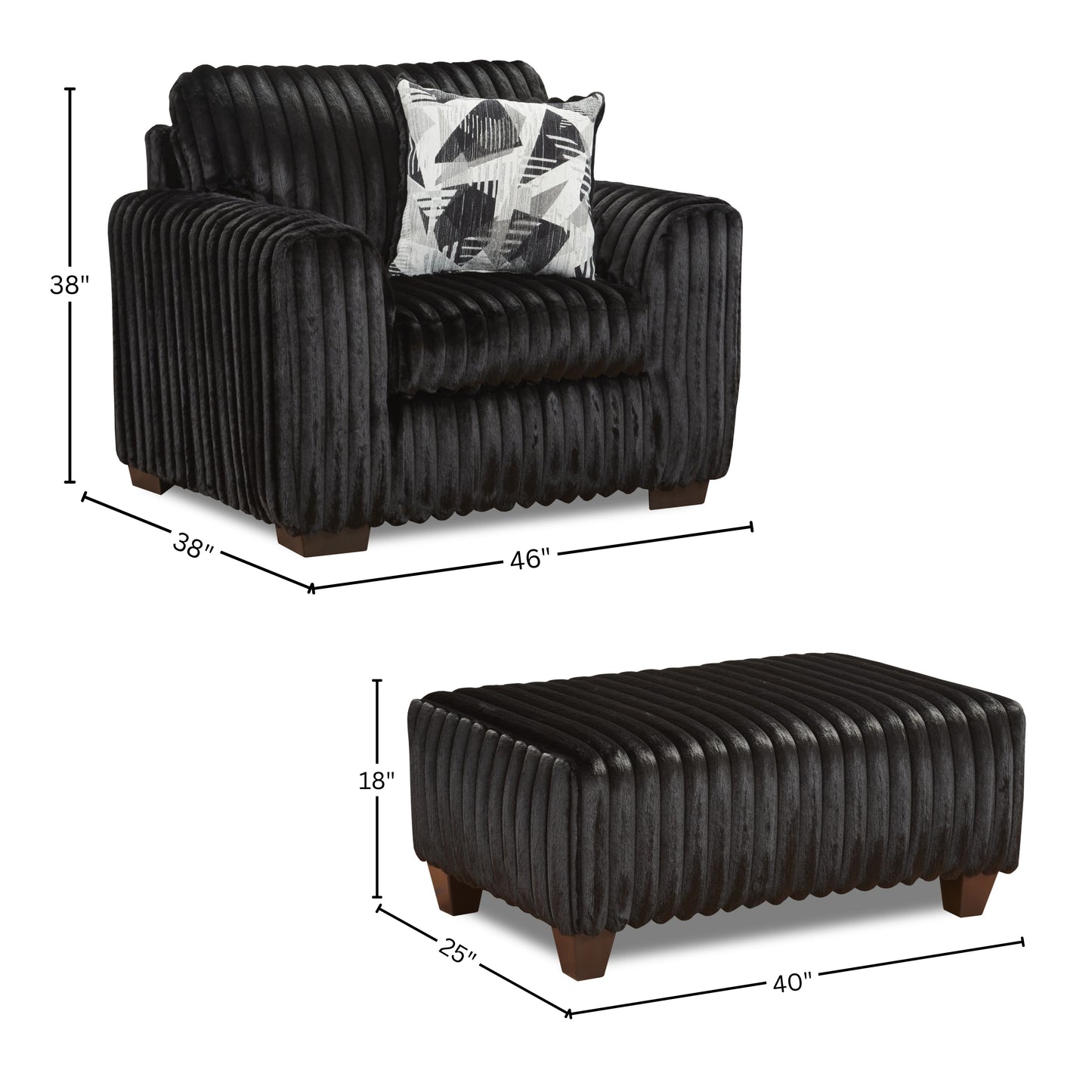 Roundhill Furniture Nolan 2-Piece Living Room Set, Chair and Ottoman, Lush Black