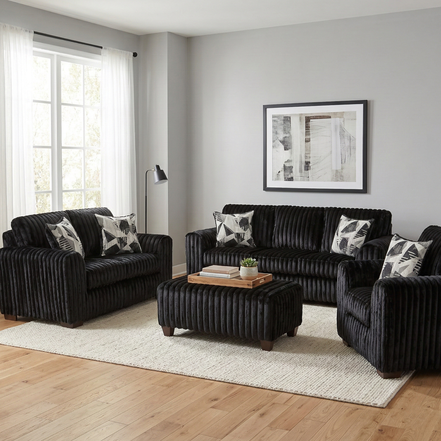 Roundhill Furniture Nolan 4-Piece Living Room Set, Sofa Loveseat Chair and Ottoman, Lush Black