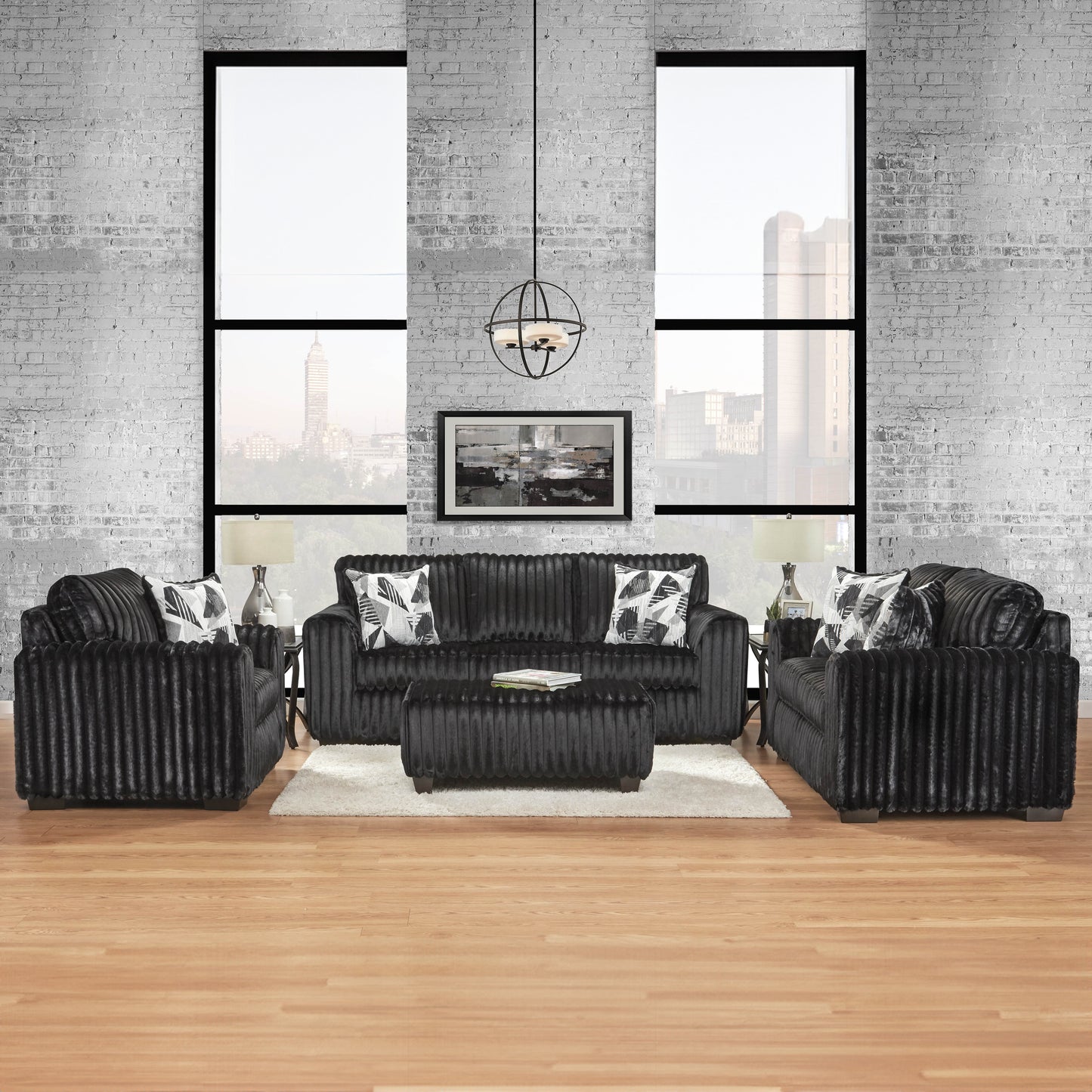 Roundhill Furniture Nolan 4-Piece Living Room Set, Sofa Loveseat Chair and Ottoman, Lush Black