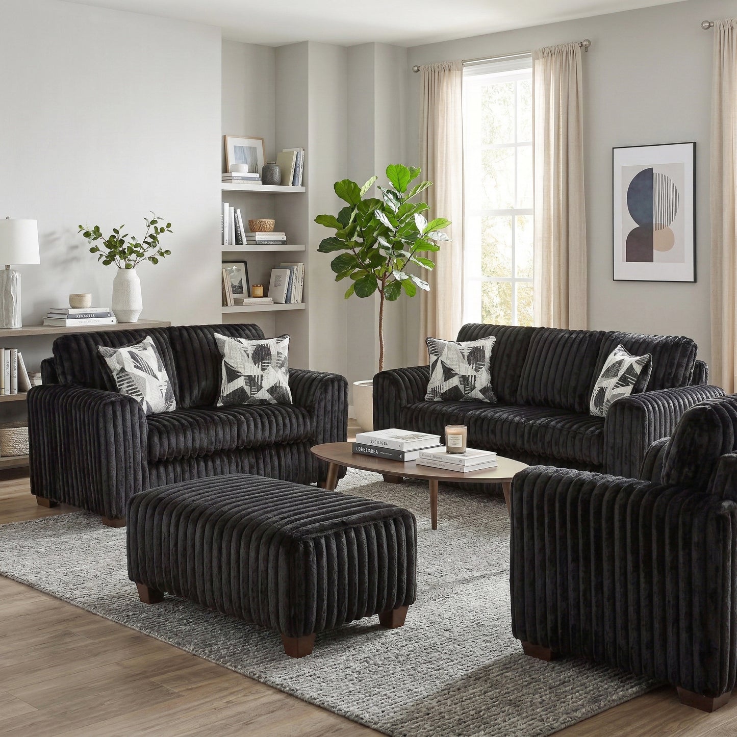 Roundhill Furniture Nolan 4-Piece Living Room Set, Sofa Loveseat Chair and Ottoman, Lush Black