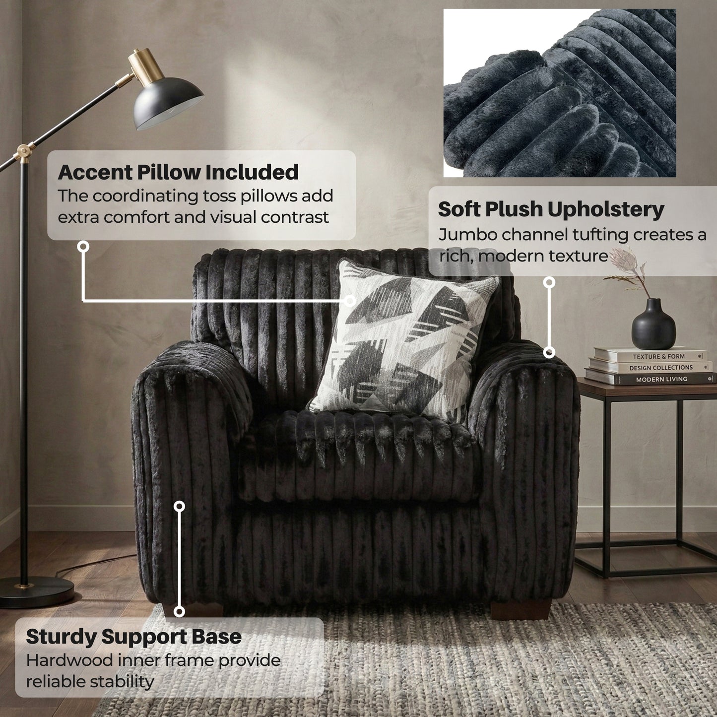 Roundhill Furniture Nolan 4-Piece Living Room Set, Sofa Loveseat Chair and Ottoman, Lush Black