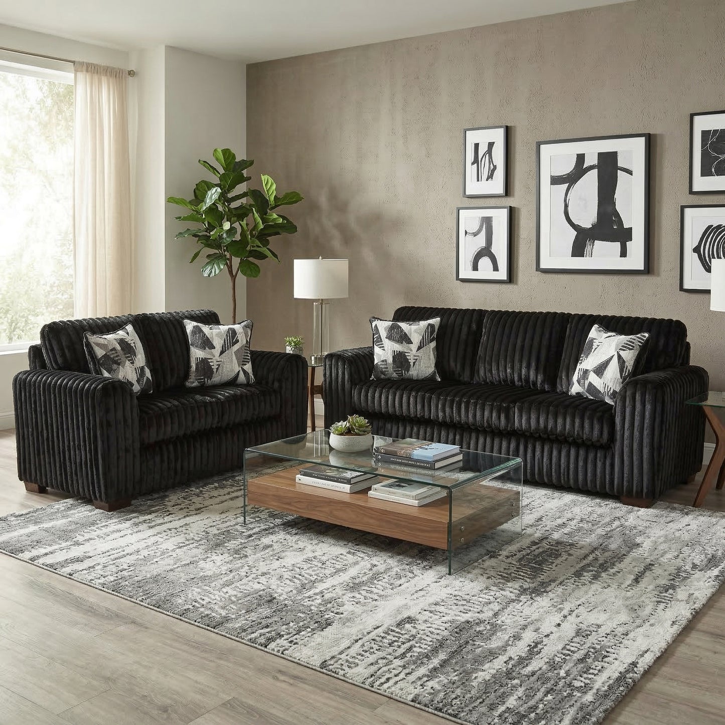 Roundhill Furniture Nolan 4-Piece Living Room Set, Sofa Loveseat Chair and Ottoman, Lush Black