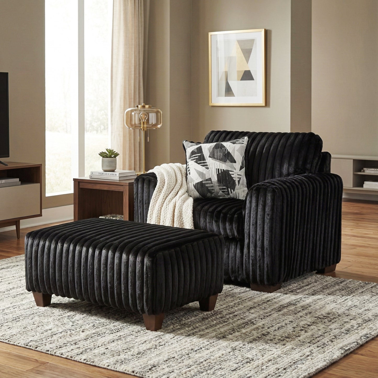 Roundhill Furniture Nolan 4-Piece Living Room Set, Sofa Loveseat Chair and Ottoman, Lush Black