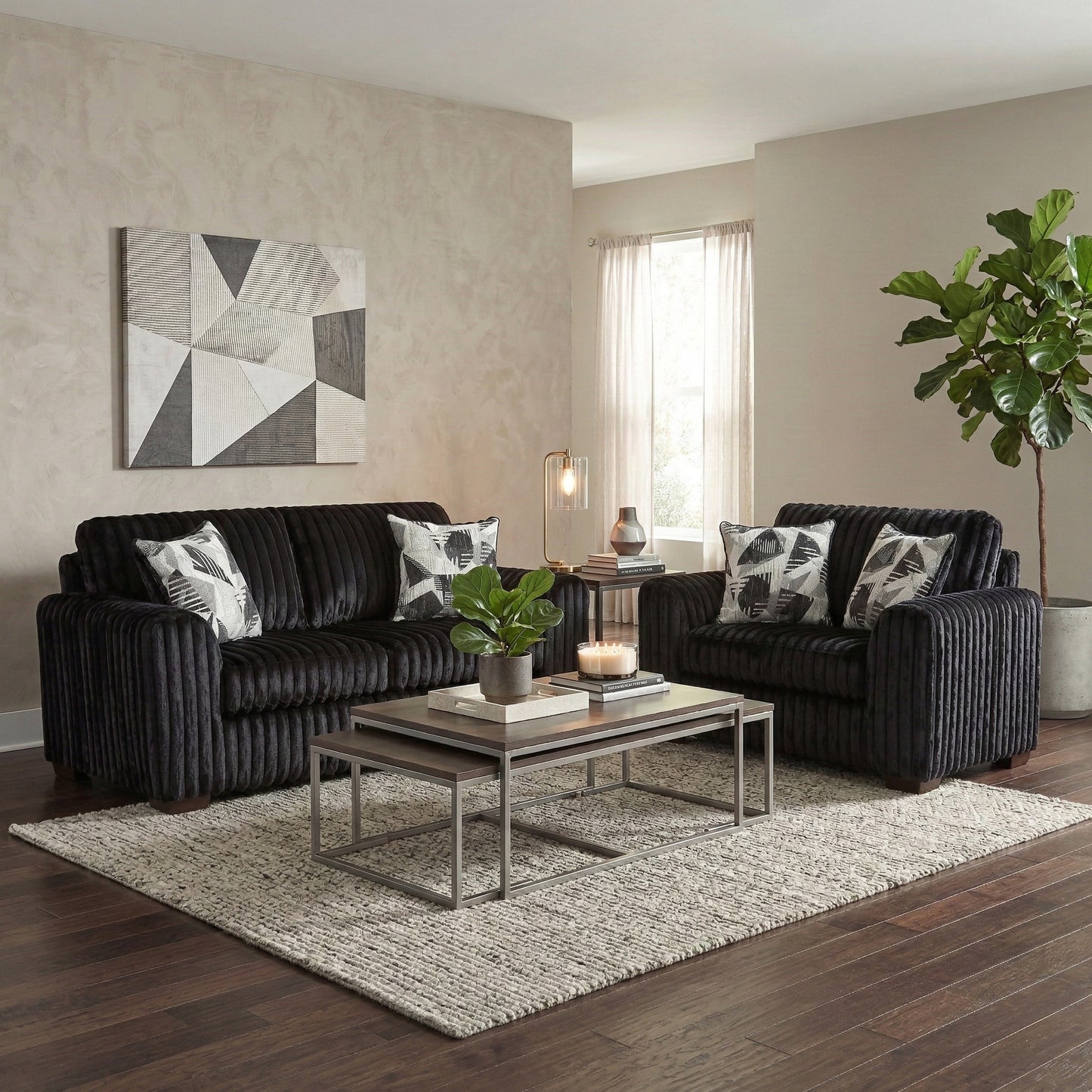 Roundhill Furniture Nolan 4-Piece Living Room Set, Sofa Loveseat Chair and Ottoman, Lush Black