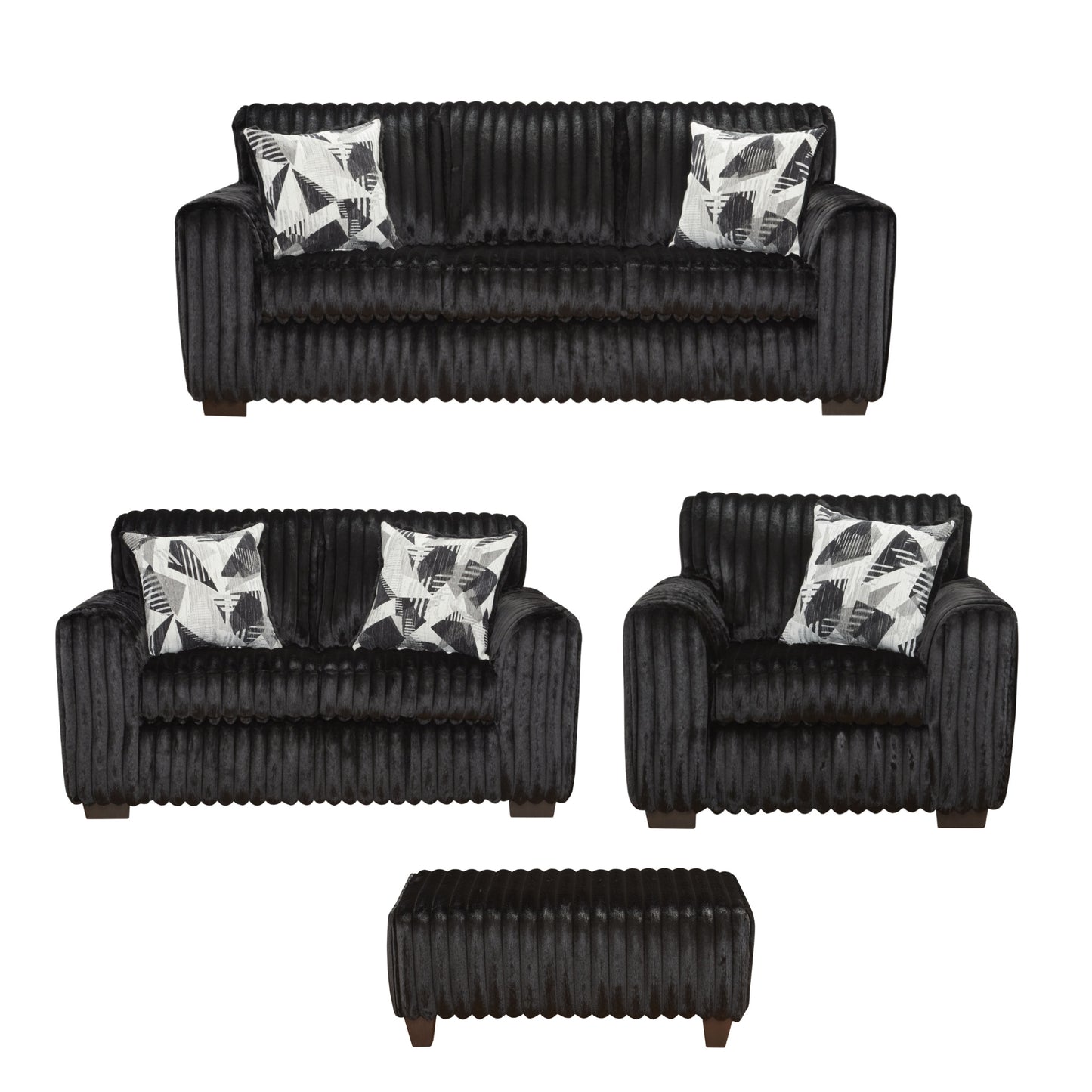 Roundhill Furniture Nolan 4-Piece Living Room Set, Sofa Loveseat Chair and Ottoman, Lush Black