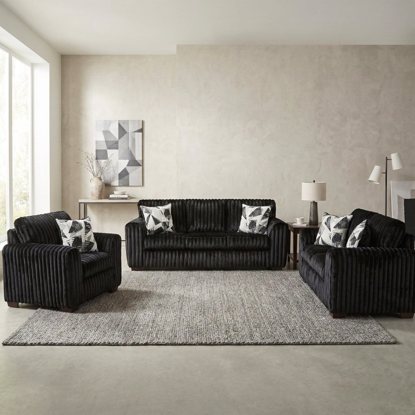 Roundhill Furniture Nolan 3-Piece Living Room Set, Sofa Loveseat and Chair, Lush Black