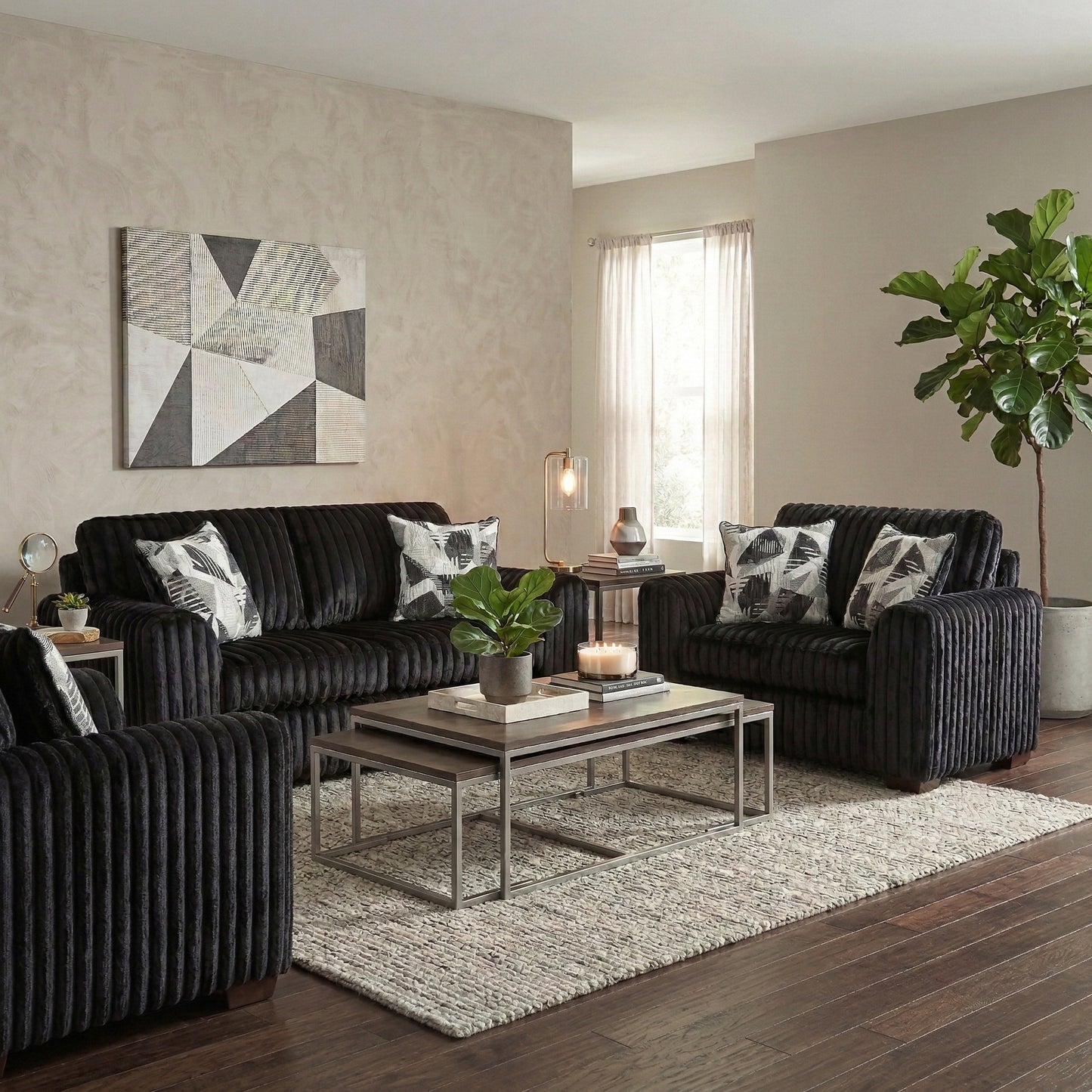 Roundhill Furniture Nolan 3-Piece Living Room Set, Sofa Loveseat and Chair, Lush Black