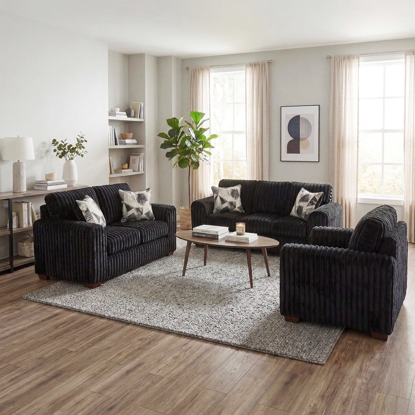 Roundhill Furniture Nolan 3-Piece Living Room Set, Sofa Loveseat and Chair, Lush Black
