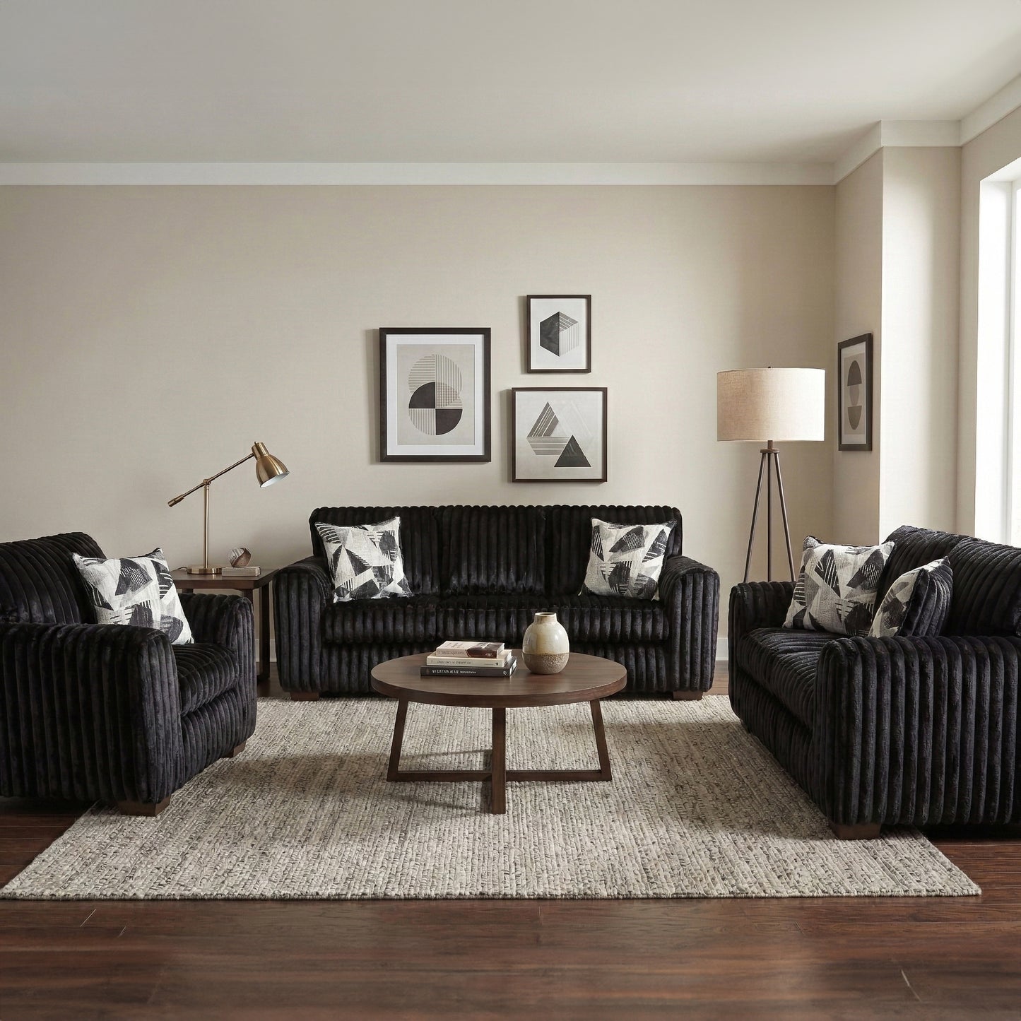 Roundhill Furniture Nolan 3-Piece Living Room Set, Sofa Loveseat and Chair, Lush Black